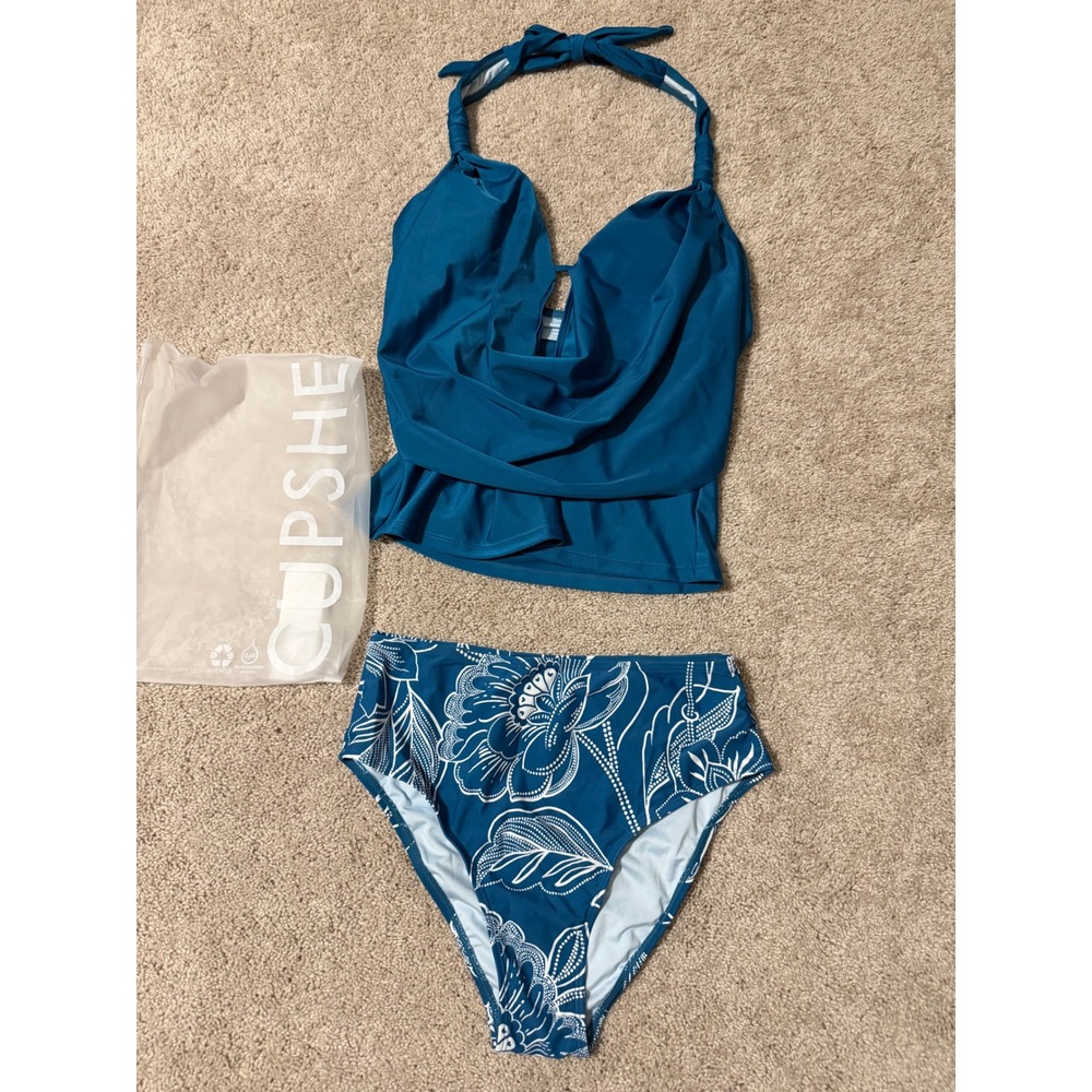 Cupshe Teal Blue Cowl Neck Halter Tankini Set Floral High Waist Bottom Small NEW